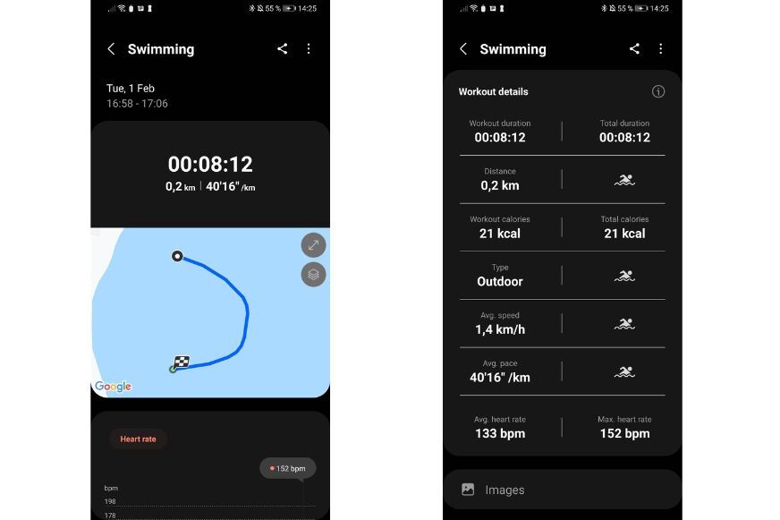 Man sieht die aufgezeichnete Strecke beim Schwimmen im freien Gewässer.
